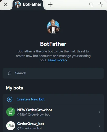 Список ботов в разделе My bots в BotFather