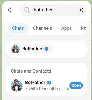 Поиск BotFather в Telegram с проверенным синей галочкой аккаунтом