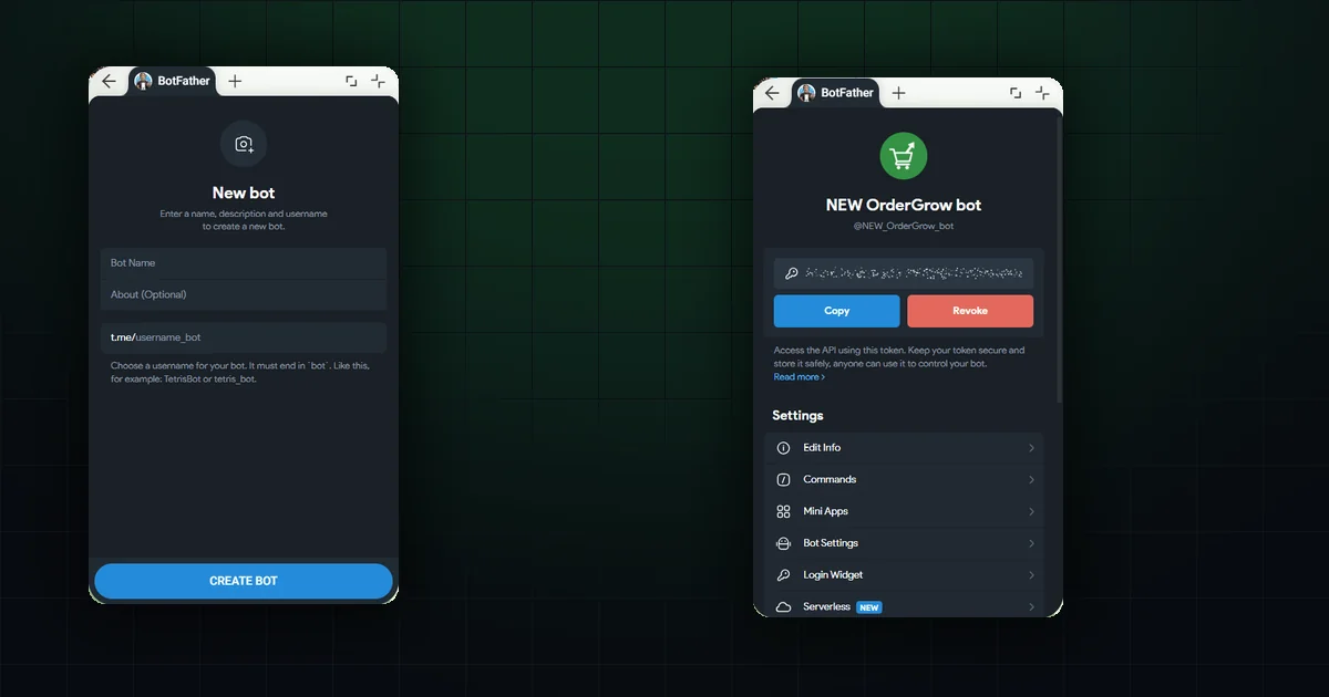 Создание Telegram-бота через BotFather — форма нового бота и экран с токеном